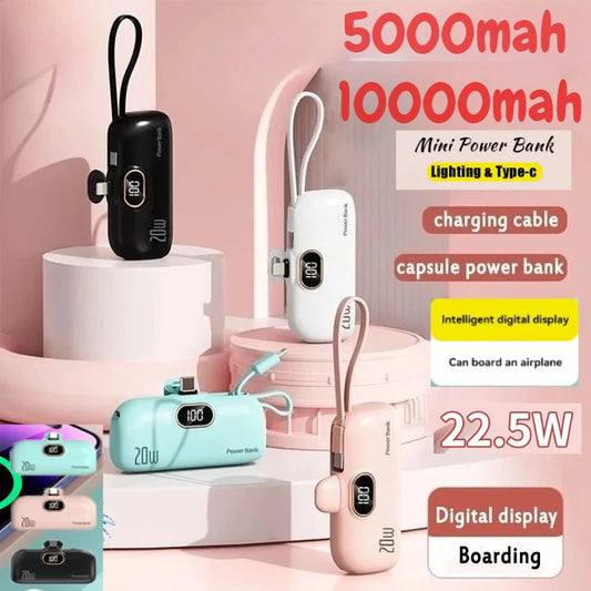 Mini 10000mAh Power Bank with Built-In Cable