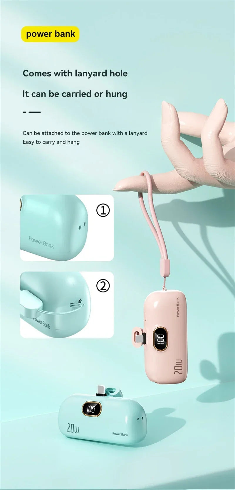 Mini 10000mAh Power Bank with Built-In Cable