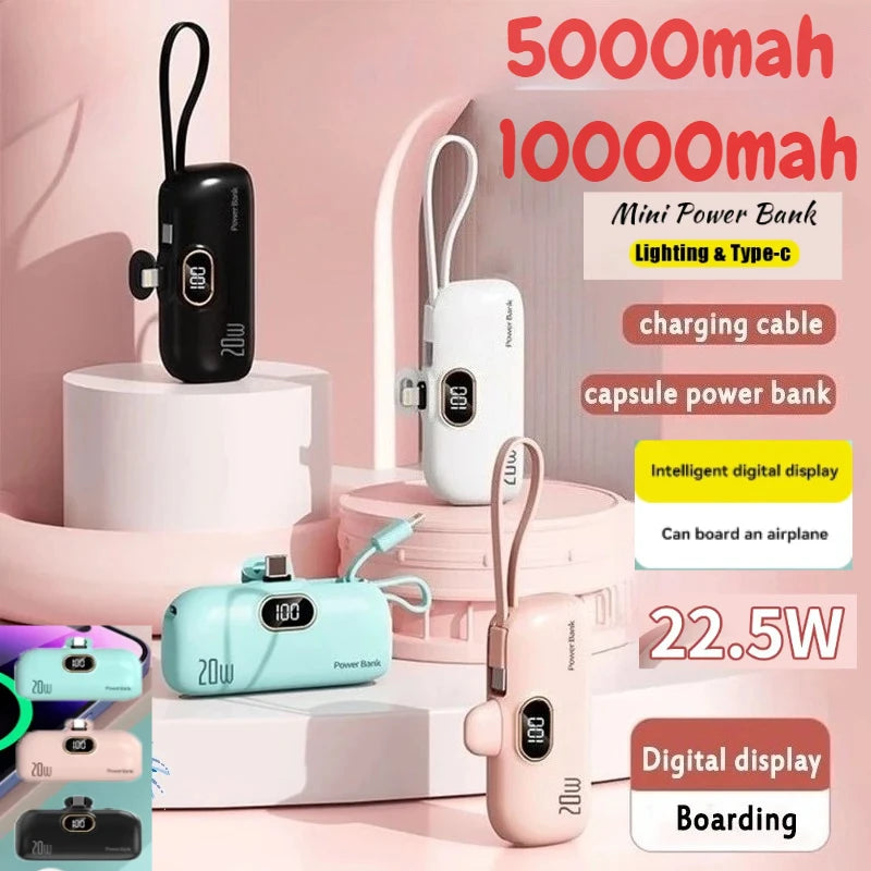 Mini 10000mAh Power Bank with Built-In Cable