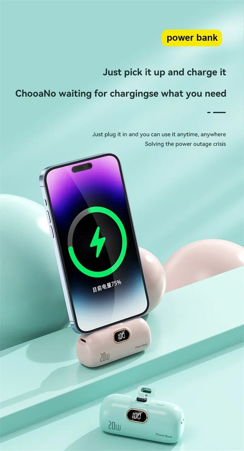 Mini 10000mAh Power Bank with Built-In Cable