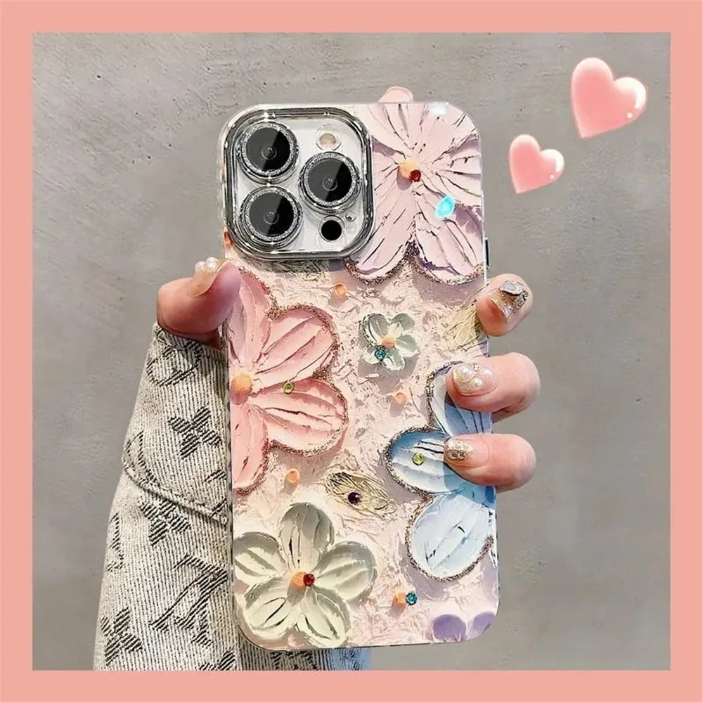 Luxury Glitter Flower iPhone Case with Lens Protection