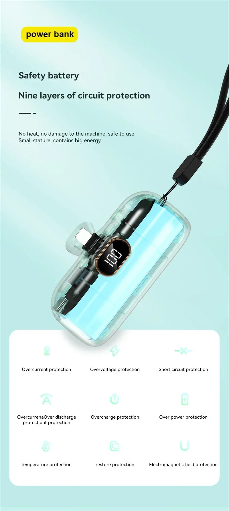 Mini 10000mAh Power Bank with Built-In Cable